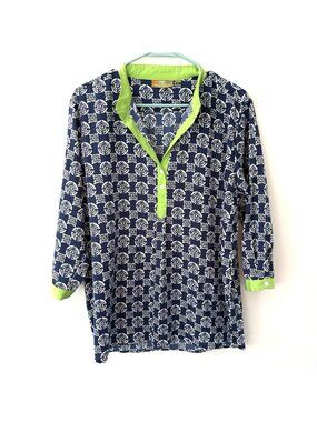 Rock Flower Paper Women’s Large Tunic Top Blue Floral Pattern Green Trim Cotton